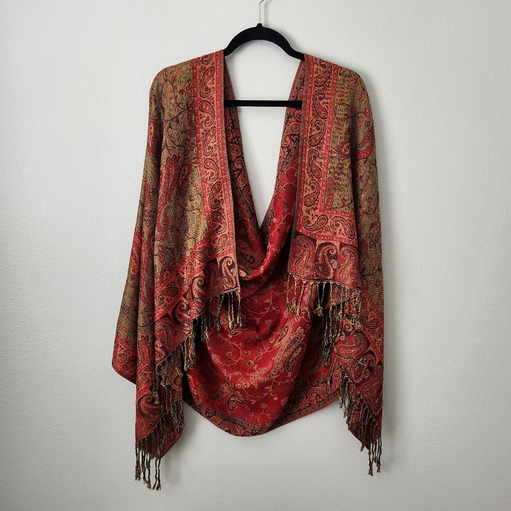 Beautiful Paisley Jewel Toned Reversible Scarf / Wrap With Fringe Trim - Picture 6 of 10